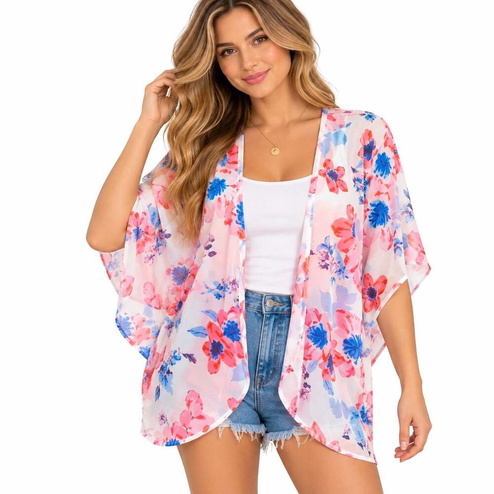 Womens Sheer Floral Kimono Cardigan Pink Blue Coral Lightweight Open Front Small